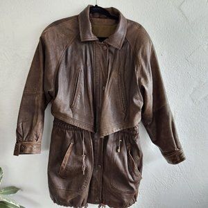 Vintage Wilsons Genuine Leather 80s 90s drawstring long coat jacket medium women